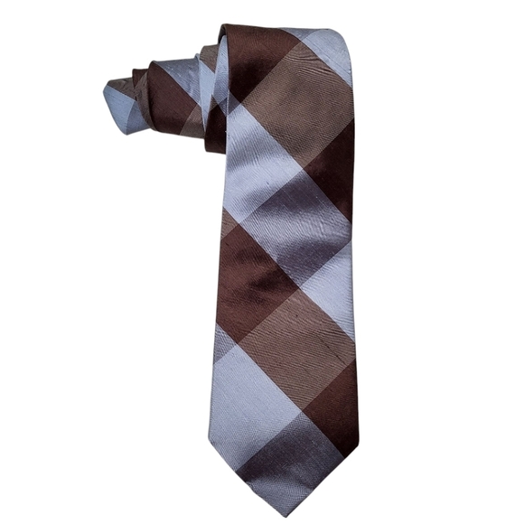 Peter Millar neck tie light blue brown plaid 100% shantung silk - Picture 1 of 6